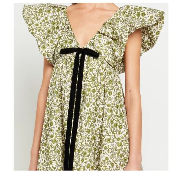 o.p.t Didi Dress Green Floral Puff Sleeve Mini Velvet Bow Size S (Zipper Issue) - Picture 3 of 15